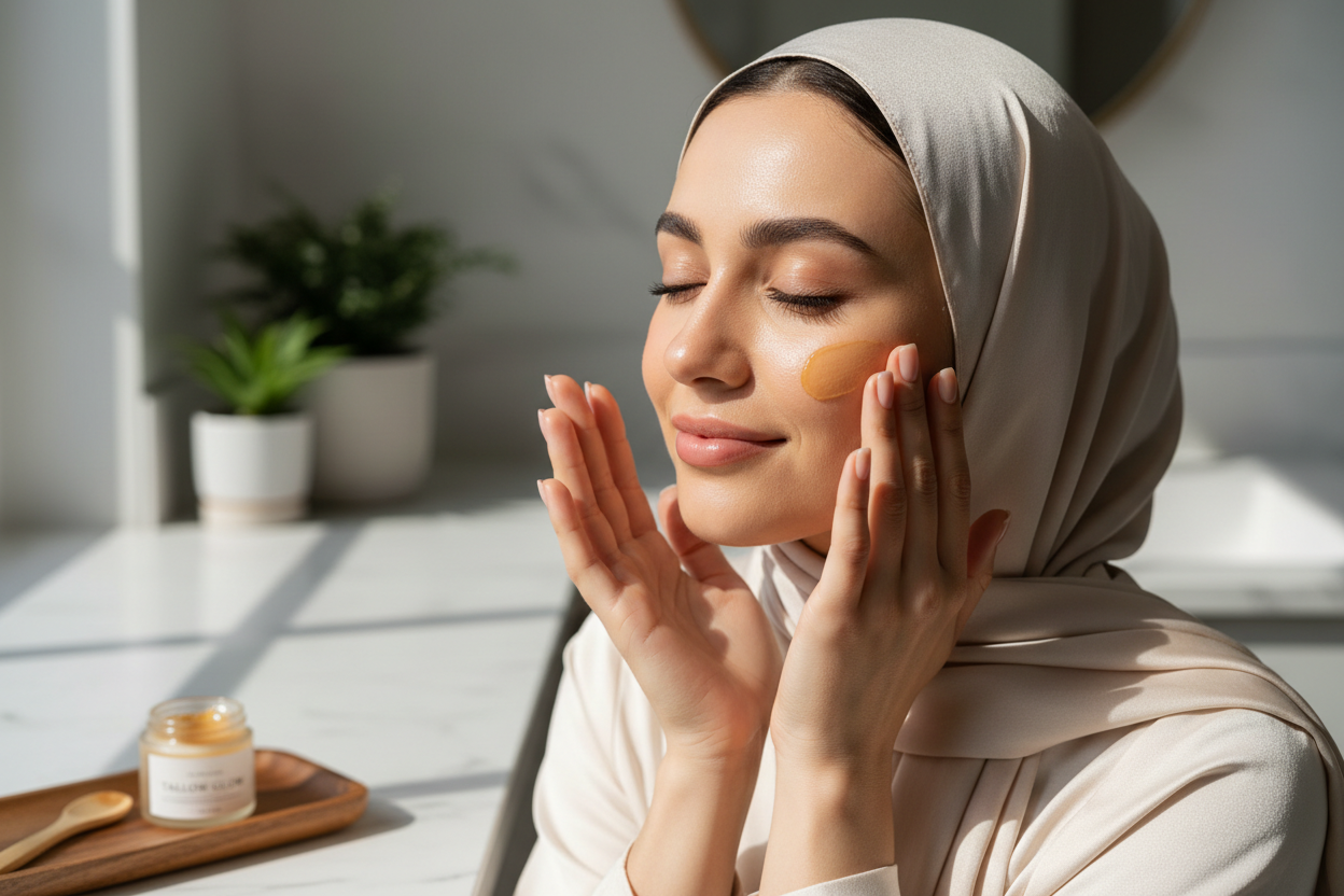 beautiful girl with hajab appling tinted tallow