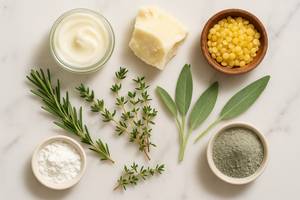 beef tallow, raw shea butter, beeswax  rosemary , thyme, sage cornstarch ,bentonite clay