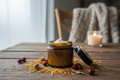 calendula and rosehip whipped tallow ,dark amber 2 oz jar with black lid ,cozy winter scene smooth skin