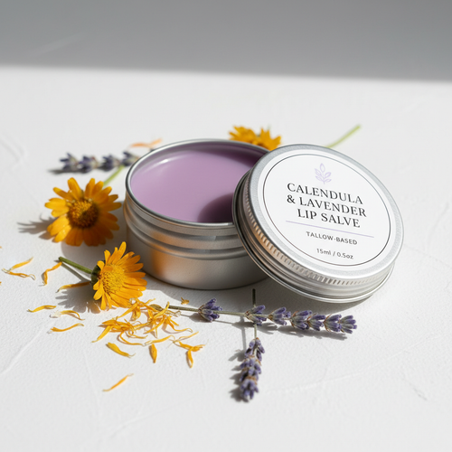 Calendula lip salve 15 ml tin container lavender tallow and purple brazlian clay