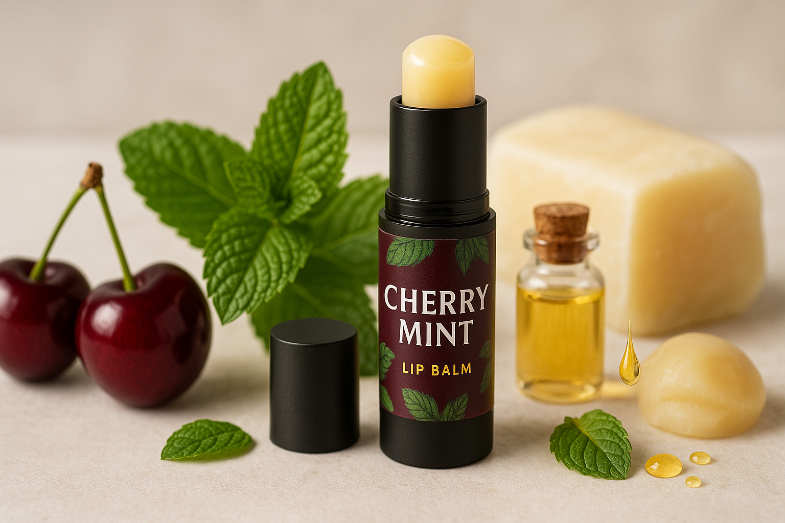 cherry mint lip balm, ulitamate lip care, glossy deeply hydrating, beef tallow, castor oil, lannolin , peppermint essential oil chap stick