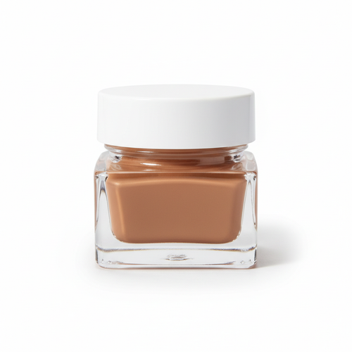 creamy bronzer in a 5 ml clear glass  square container with a white lid