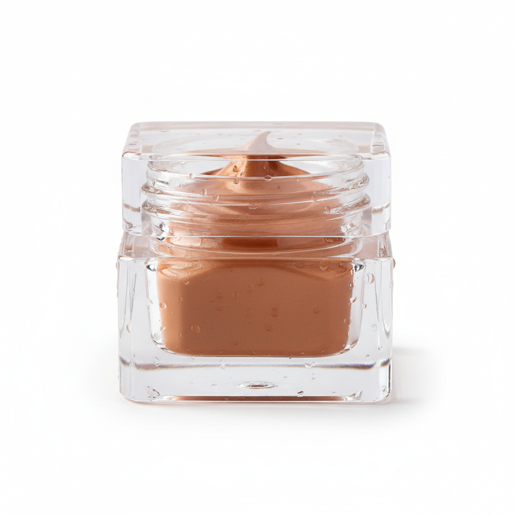 creamy bronzer in a clear glass square container 5 mls 