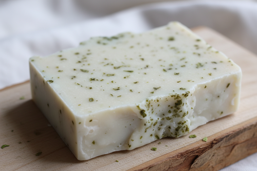 handmade creamy white soap with green bits mixed in