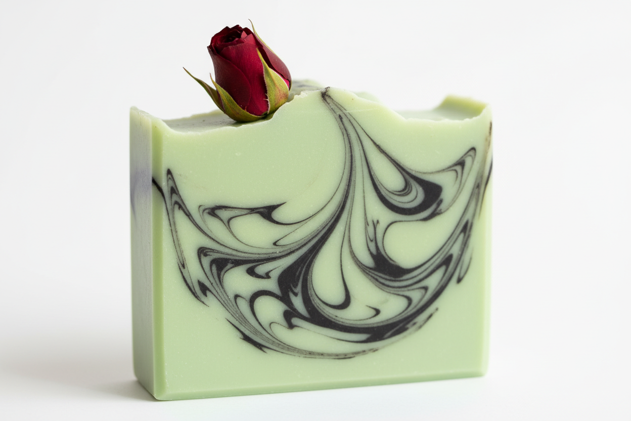 handmade soap light green with black swrils with a dark red rose bud