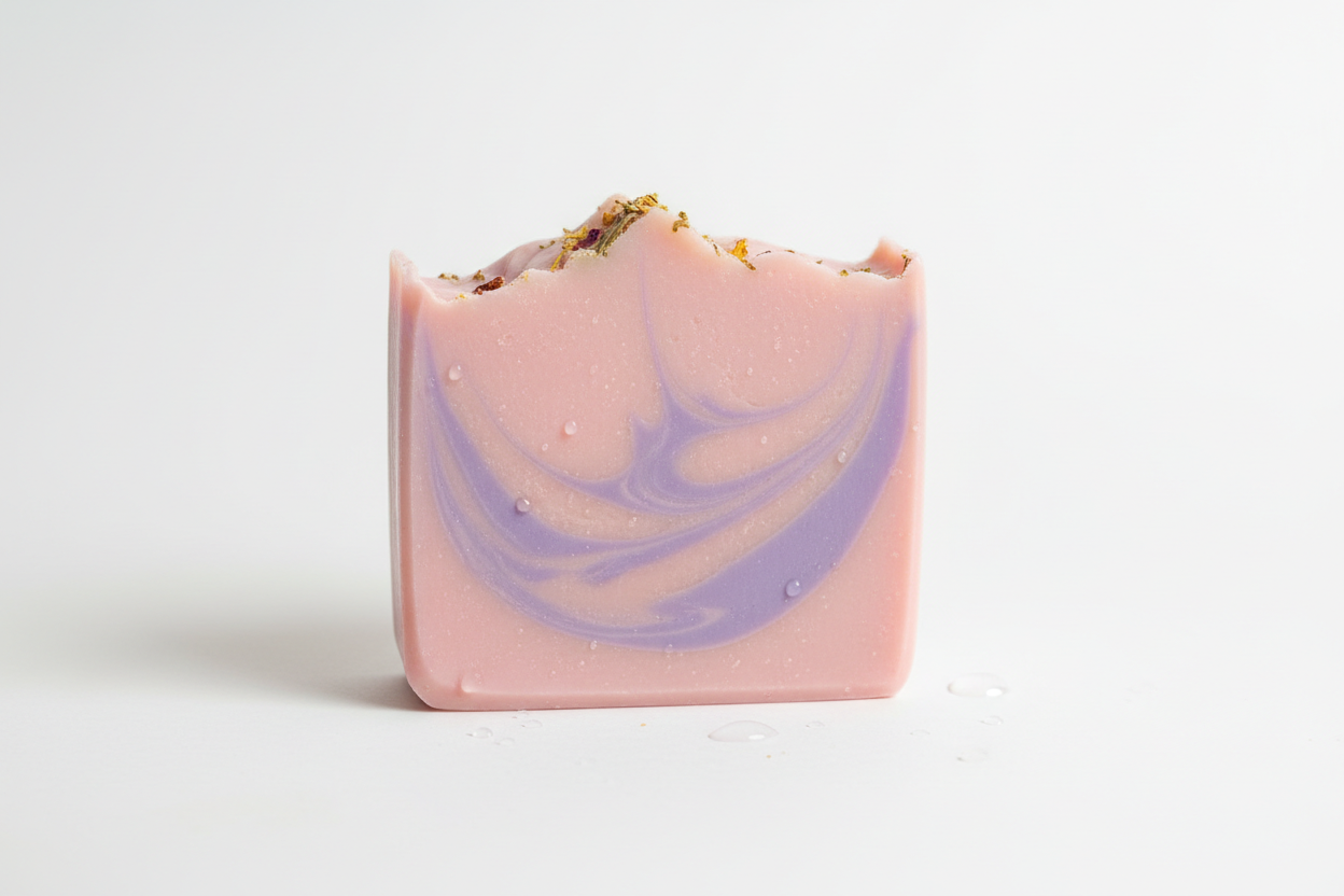 handmade soap light pink and a swery purple line going through it