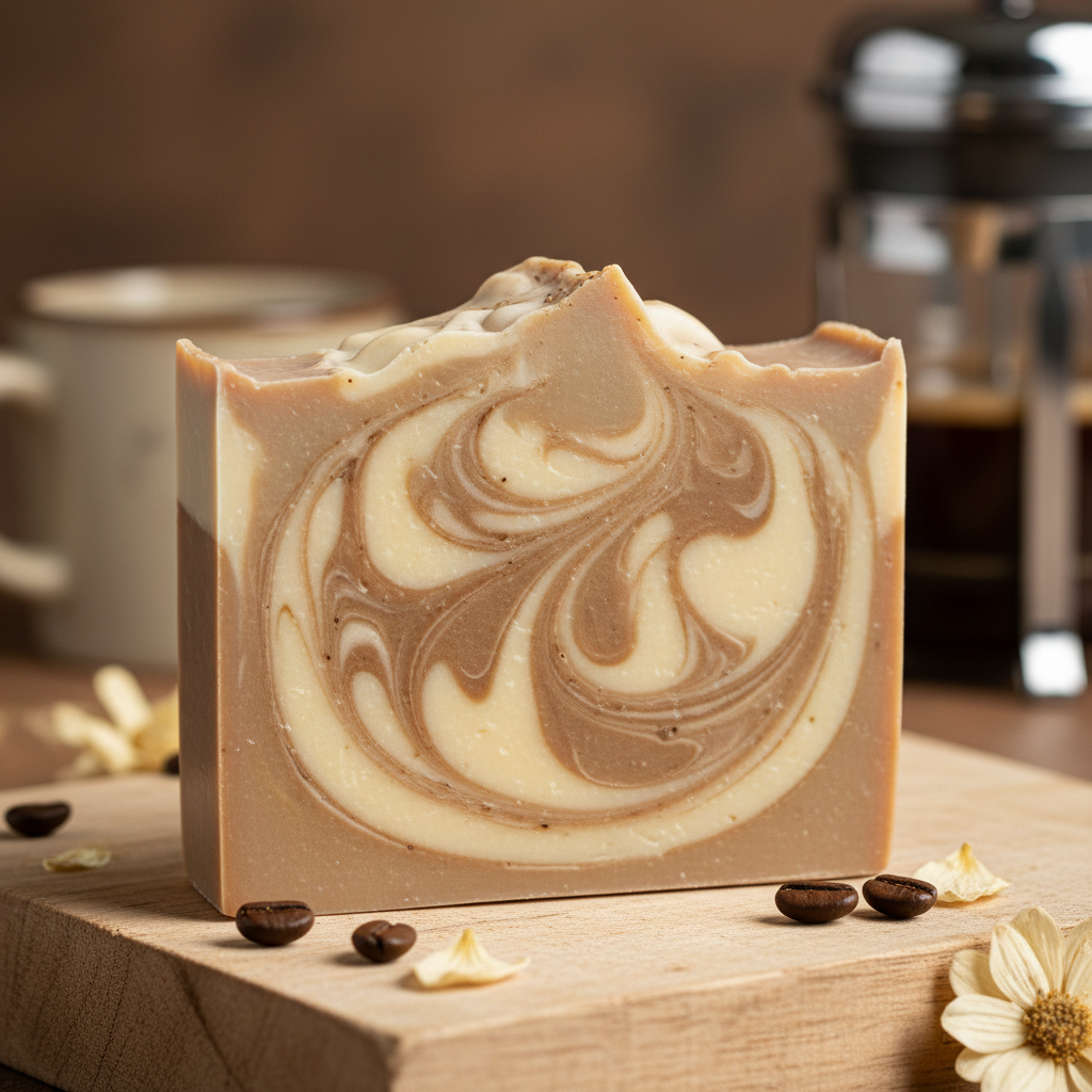 handmade soap with a mixed swril cafe latte