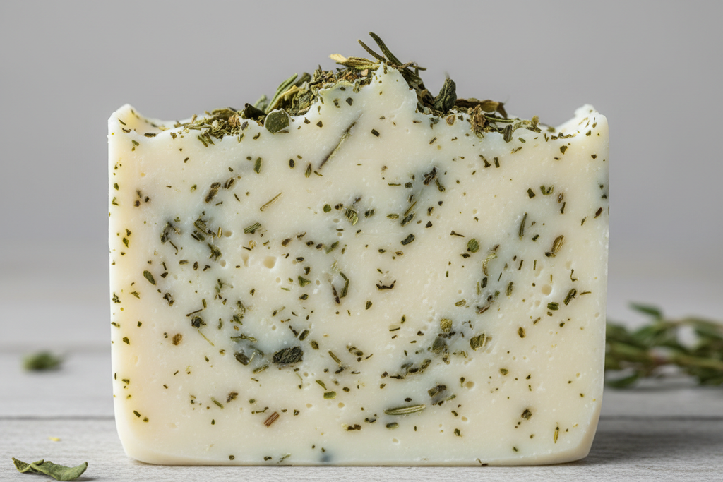 handmade soap with creamy white base speckled with green bits and green bits on top