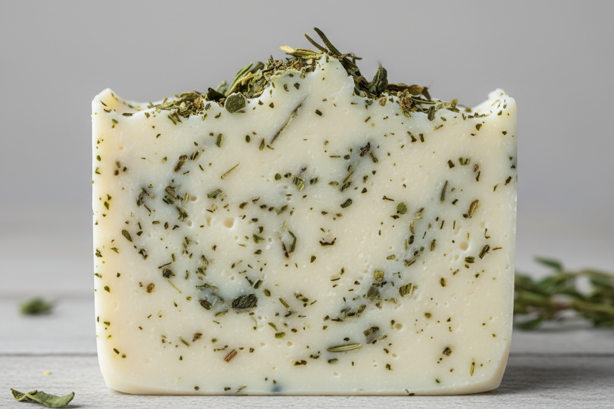 handmade soap with creamy white base speckled with green bits and green bits on top