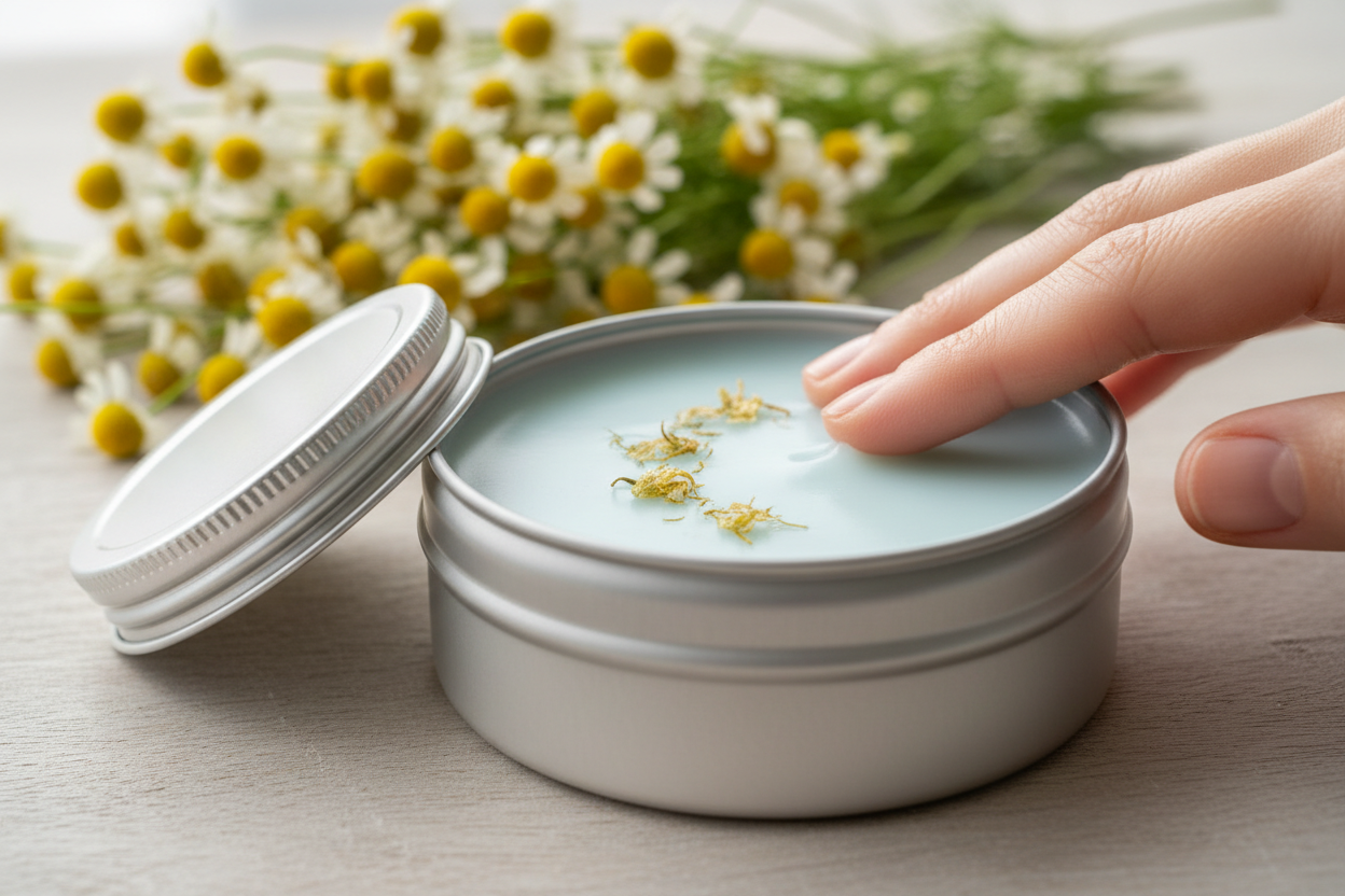 large wide silver tin with light blue balm ,chamomille in the background and soft skin