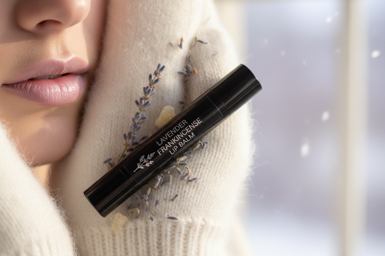 lavender frankiscence lipbalm , black tube ,purple color soft lips white mitters