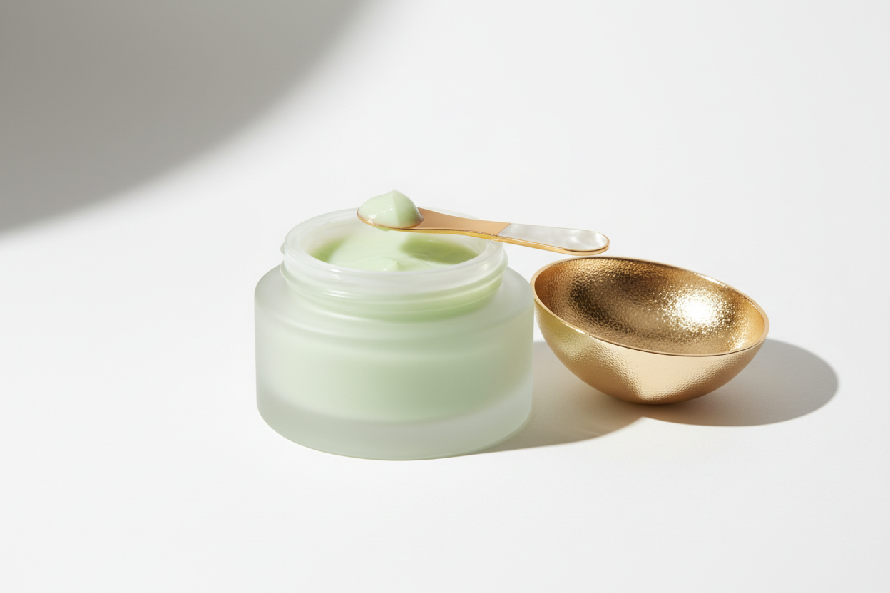light green face balm in a frosted glass with a gold open lid