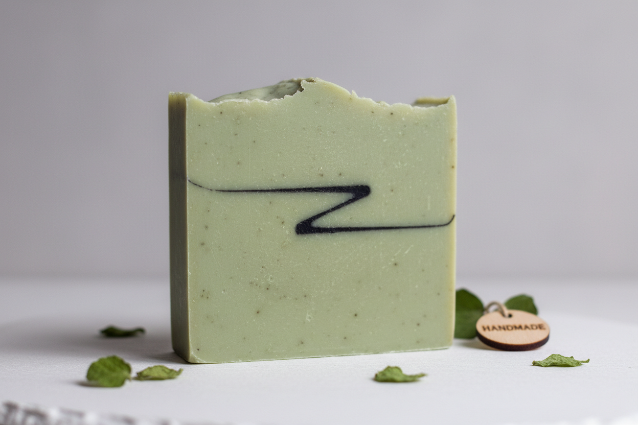 light green handmade soap bar 180 grams with a black line near the top looks like a letter