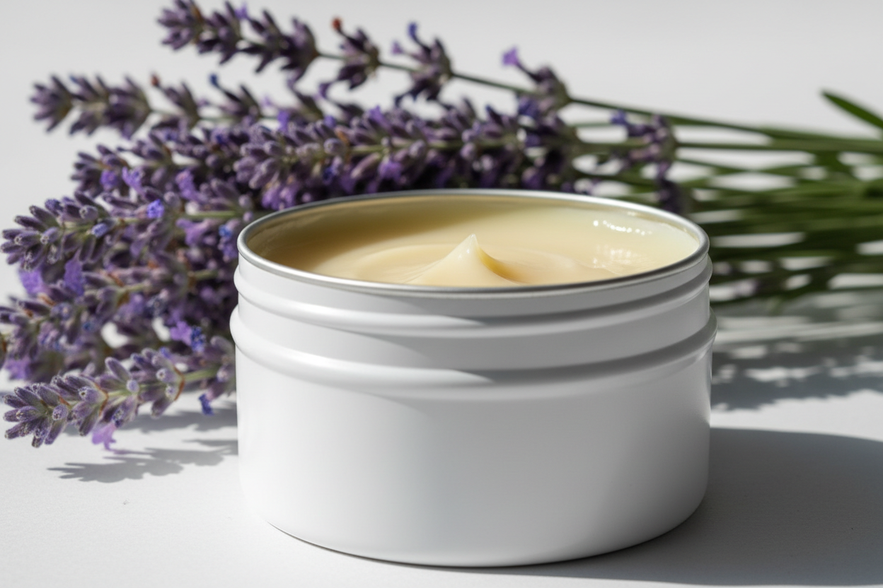 metal tin white tallow and lavender in the background