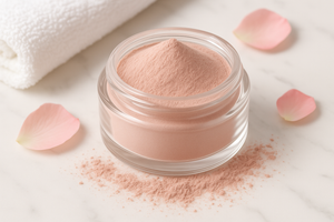pink clay powdered face mask, soft silky, removes impurties