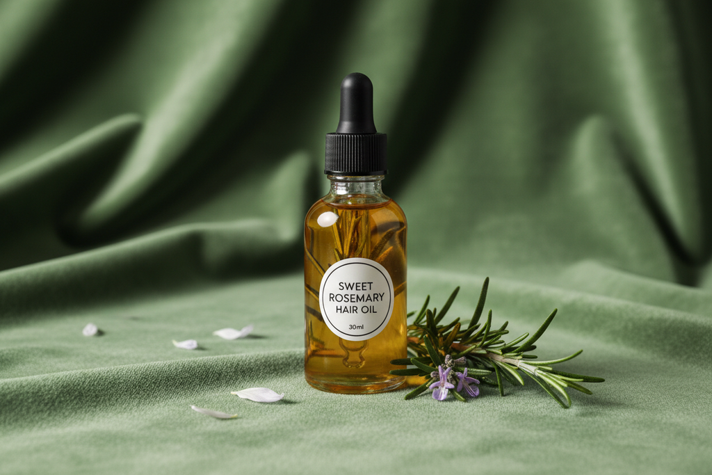 sweet rosemary hair oil 30ml clear bottle with black dropper green background