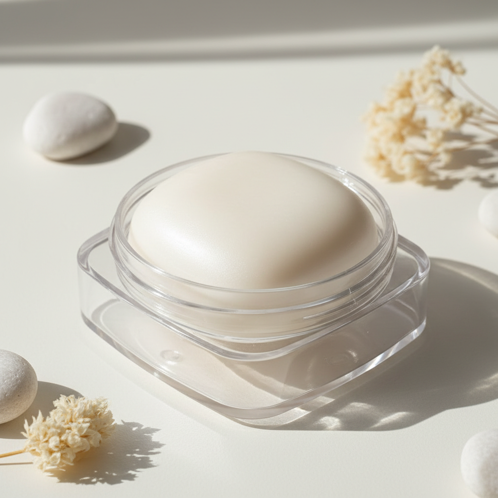 white lotion bar in a square clear plastic container